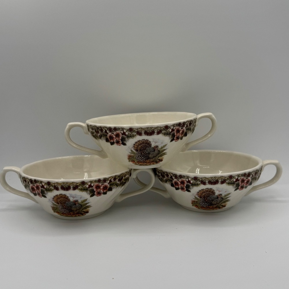 Queen's Thanksgiving Myott Factory Turkey Soup Bowls Set of 3 Double Handled